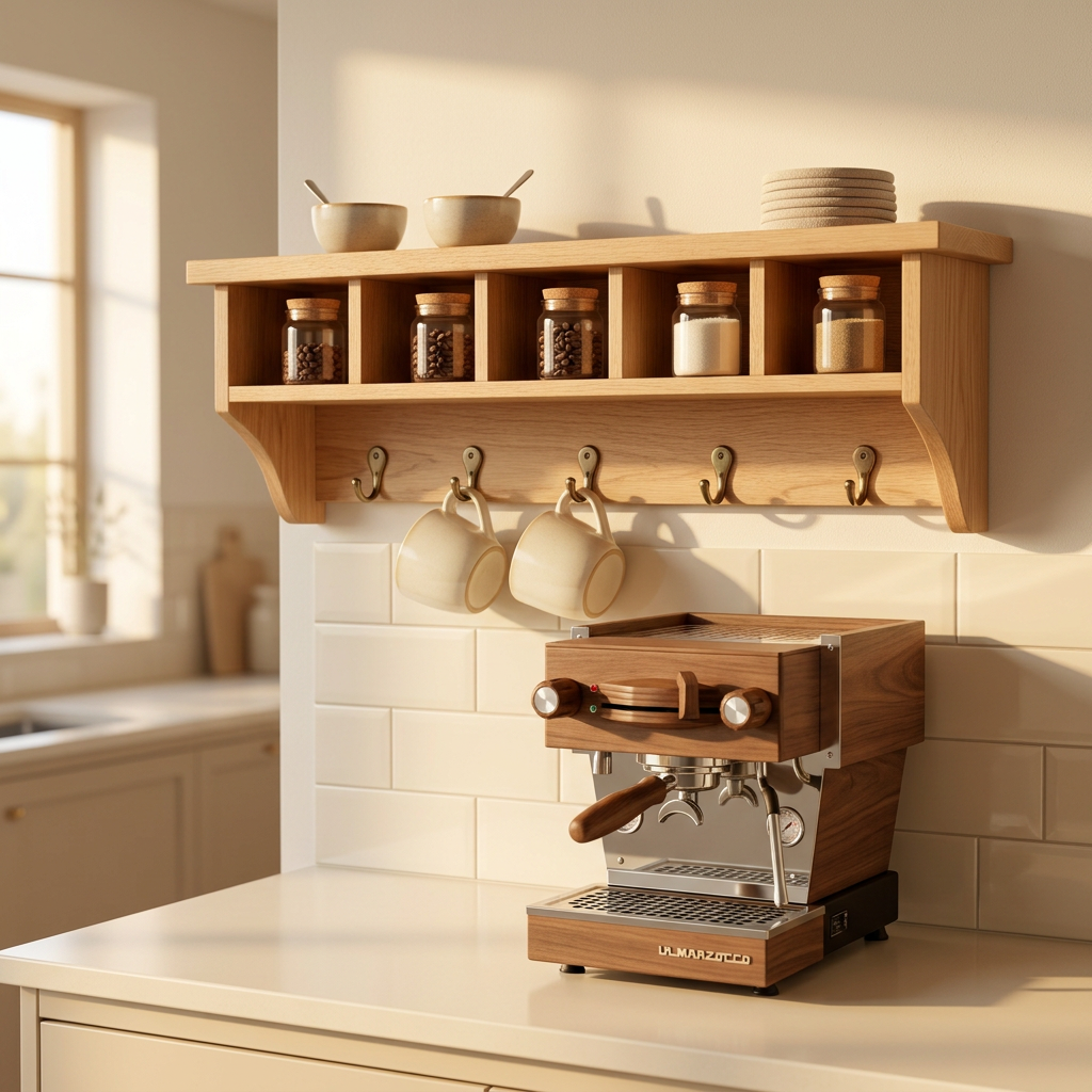 Wall coffee shelf styled above a kitchen coffee counter