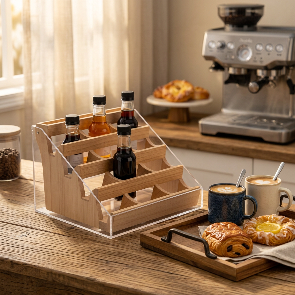 Syrup organizer beside a weekend coffee serving tray