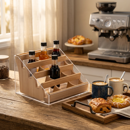 Syrup organizer beside a weekend coffee serving tray