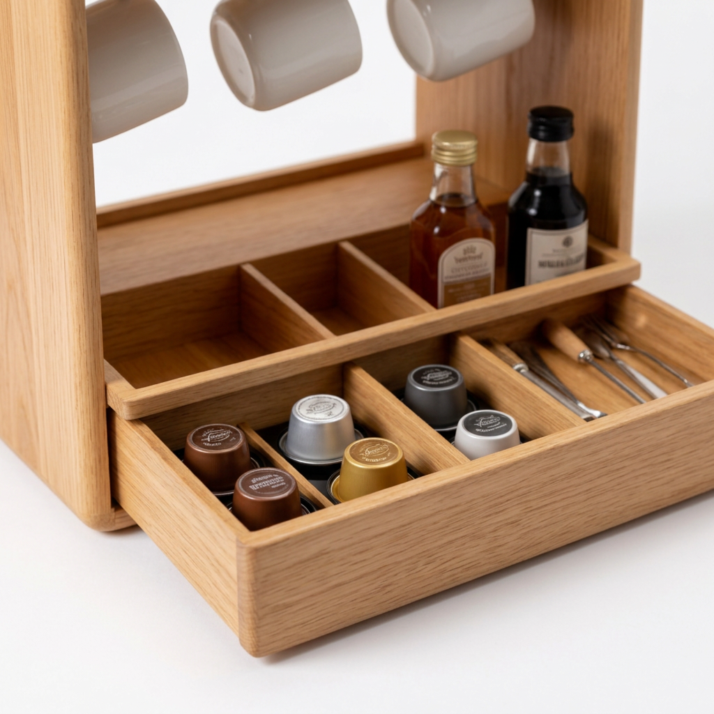 Divided coffee organizer drawer detail