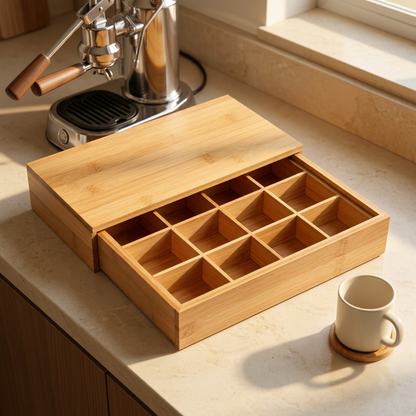 Bamboo capsule organizer in a morning kitchen setting
