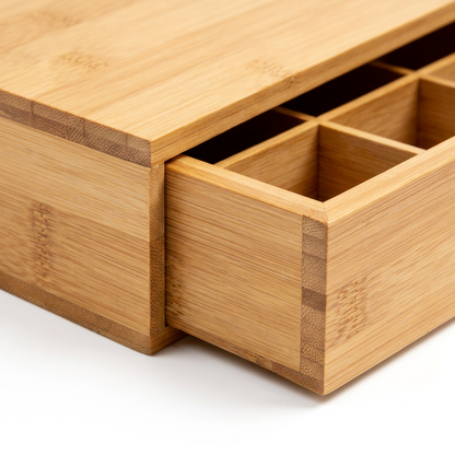 Close-up of bamboo surface and drawer corner