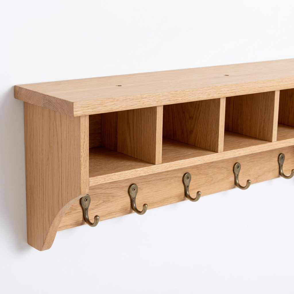Close-up of open cubbies and metal mug hooks