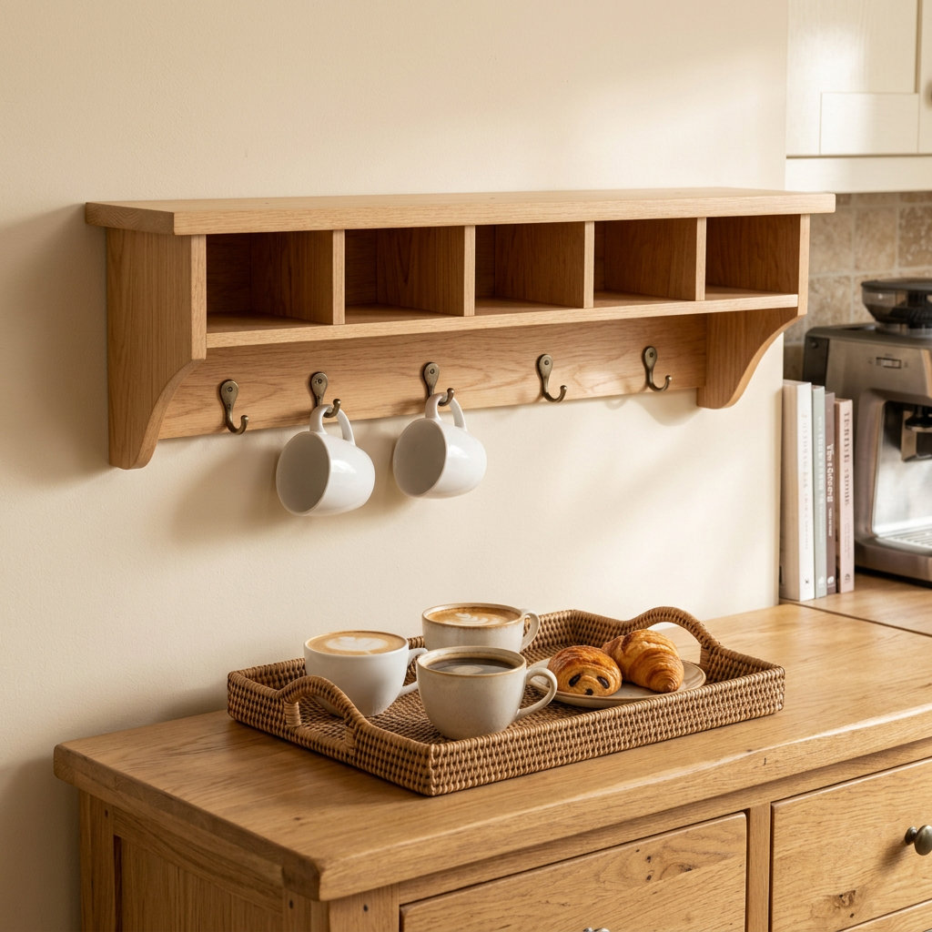 Wall coffee organizer above a weekend coffee serving area