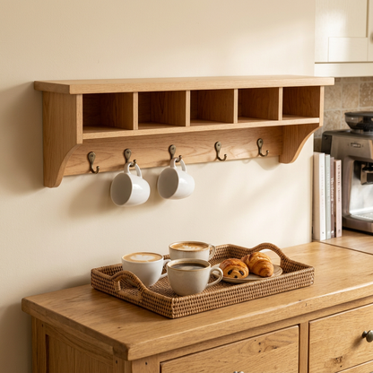 Wall coffee organizer above a weekend coffee serving area