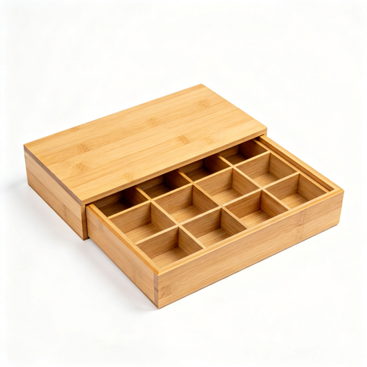 Empty grid compartments in the bamboo organizer drawer