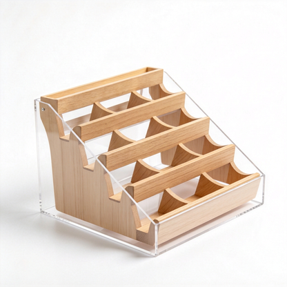 Empty tiered coffee syrup organizer with wood-look dividers and transparent frame