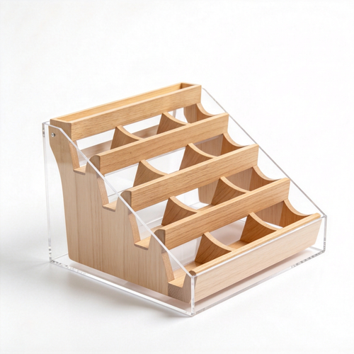 Empty tiered coffee syrup organizer with wood-look dividers and transparent frame