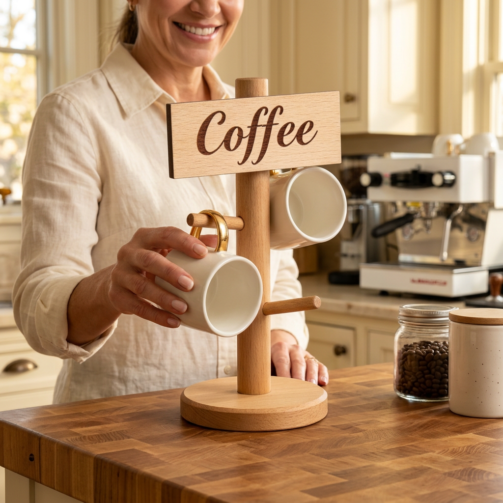 Woman lifting a mug from a countertop mug tree
