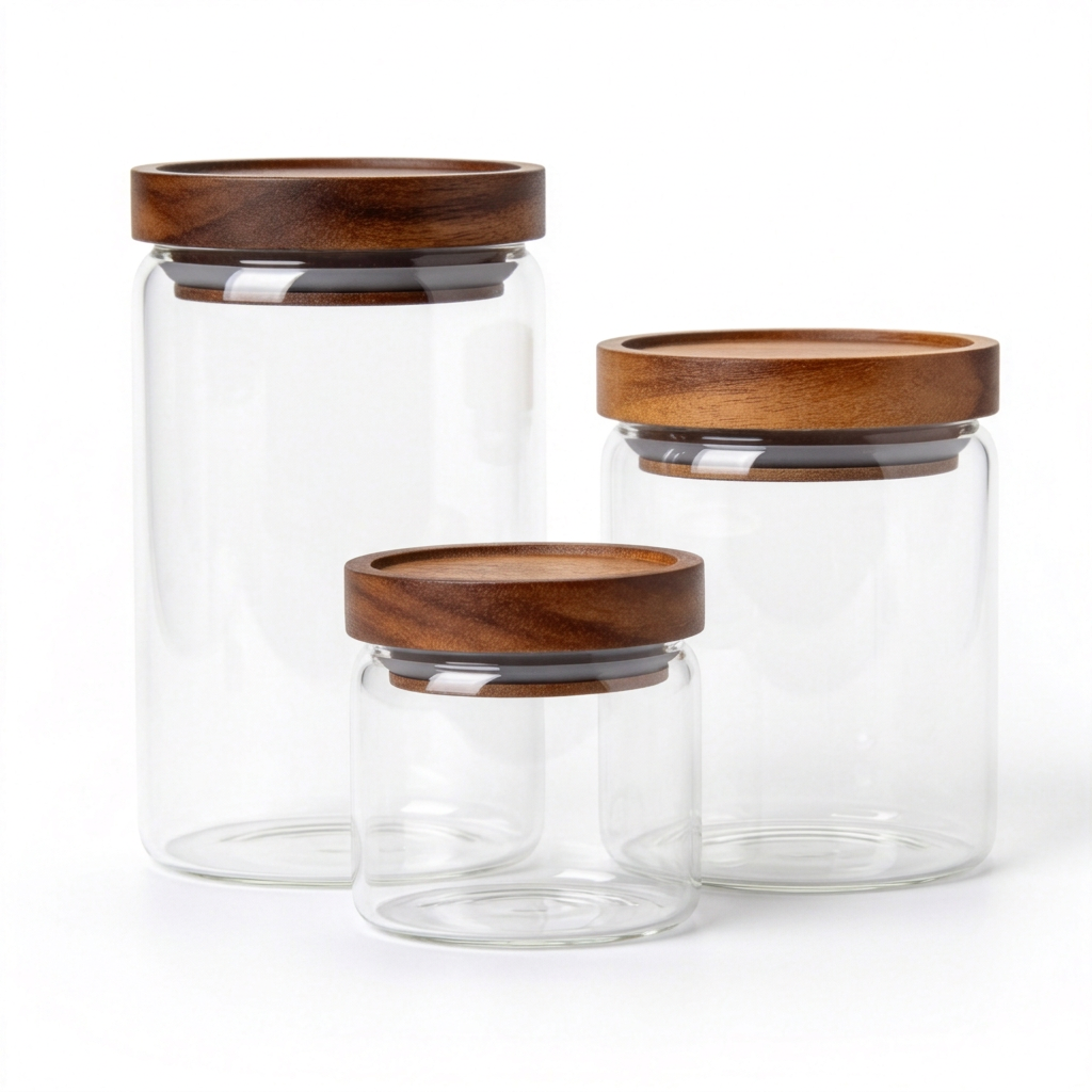Three empty clear coffee storage jars with brown wood-look lids on a white background