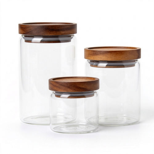 Three empty clear coffee storage jars with brown wood-look lids on a white background