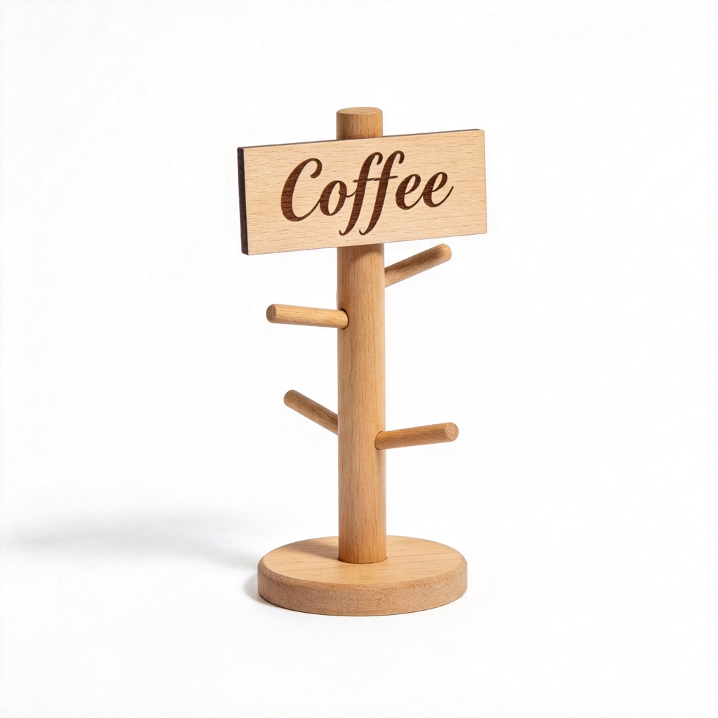 Empty wood-look countertop mug tree with round base and Coffee sign on white background