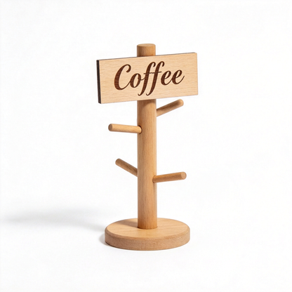 Empty wood-look countertop mug tree with round base and Coffee sign on white background