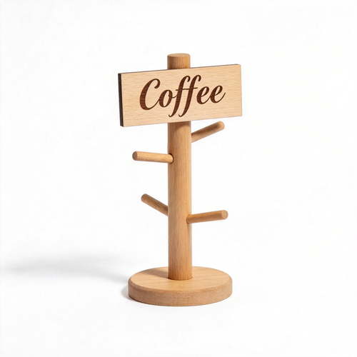 Empty wood-look countertop mug tree with round base and Coffee sign on white background