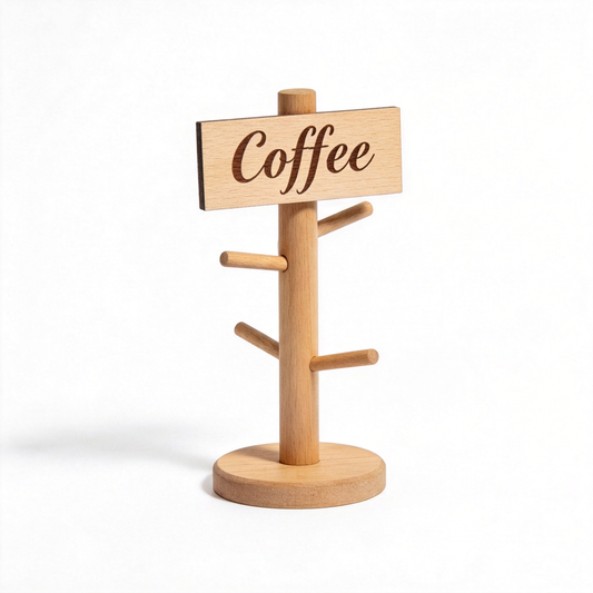 Empty wood-look countertop mug tree with round base and Coffee sign on white background