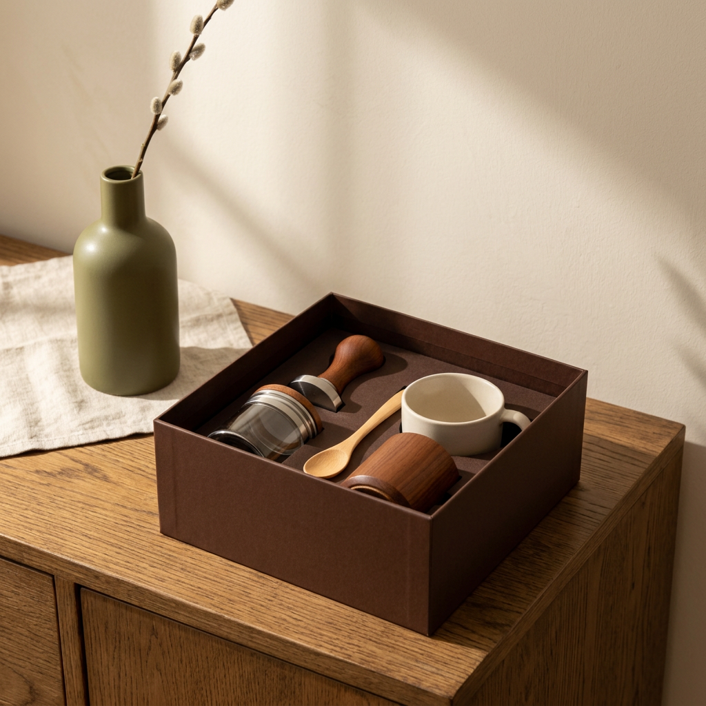 Coffee accessory presentation styled on a breakfast sideboard
