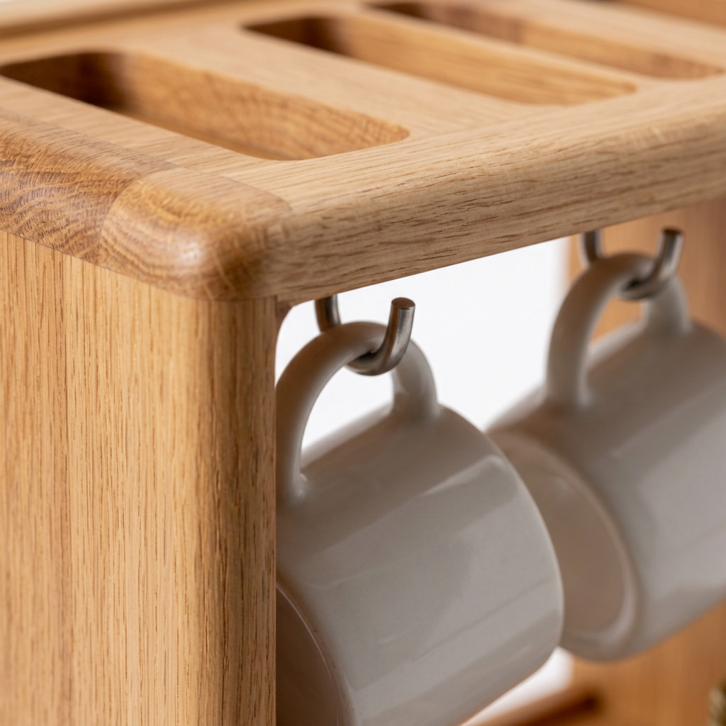 Close-up of organizer surface and mug hook