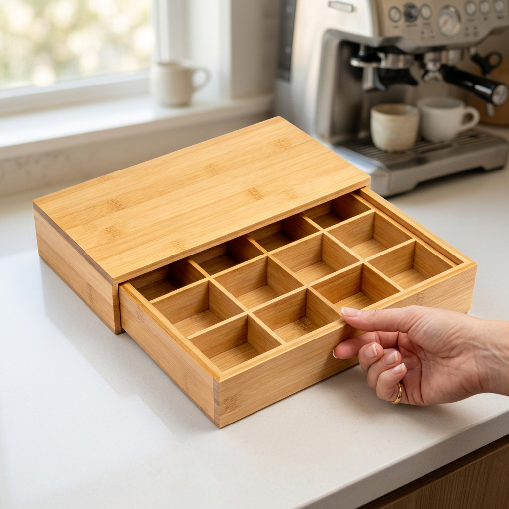 Hand opening the divided drawer of a bamboo capsule organizer