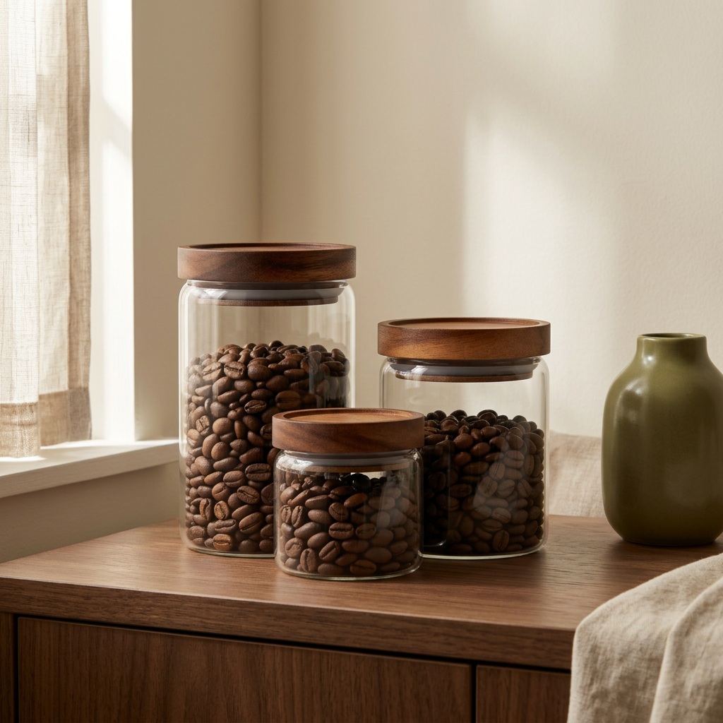 Coffee storage jars on a breakfast sideboard