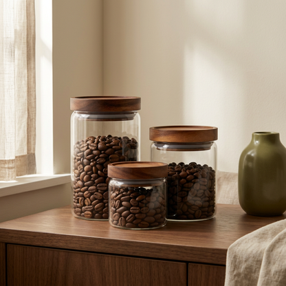 Coffee storage jars on a breakfast sideboard