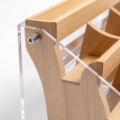 Detail of wood-look rail, curved divider and transparent outer panel