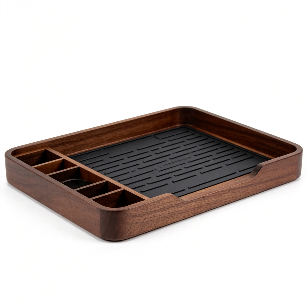 Empty brown coffee organizer tray with divided side compartments and black textured area