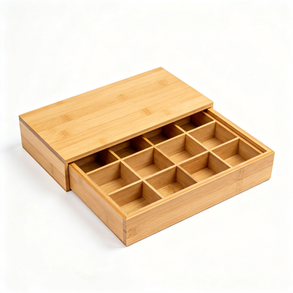 Empty bamboo coffee capsule storage box with divided pull-out drawer on a white background
