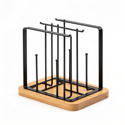 Empty black coffee capsule rack with warm wood-look base on white background