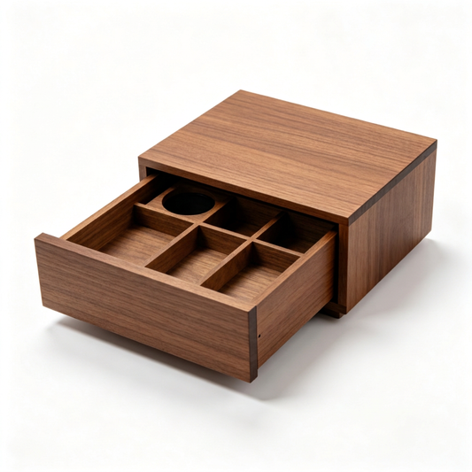 Empty espresso tool organizer with divided drawer on white background