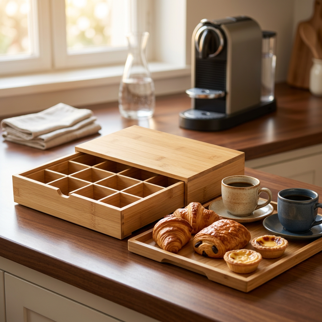 Bamboo capsule organizer beside a weekend coffee tray