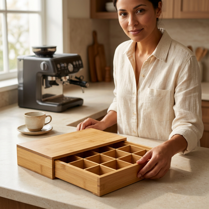 Woman opening a bamboo coffee capsule organizer drawer in a kitchen coffee corner