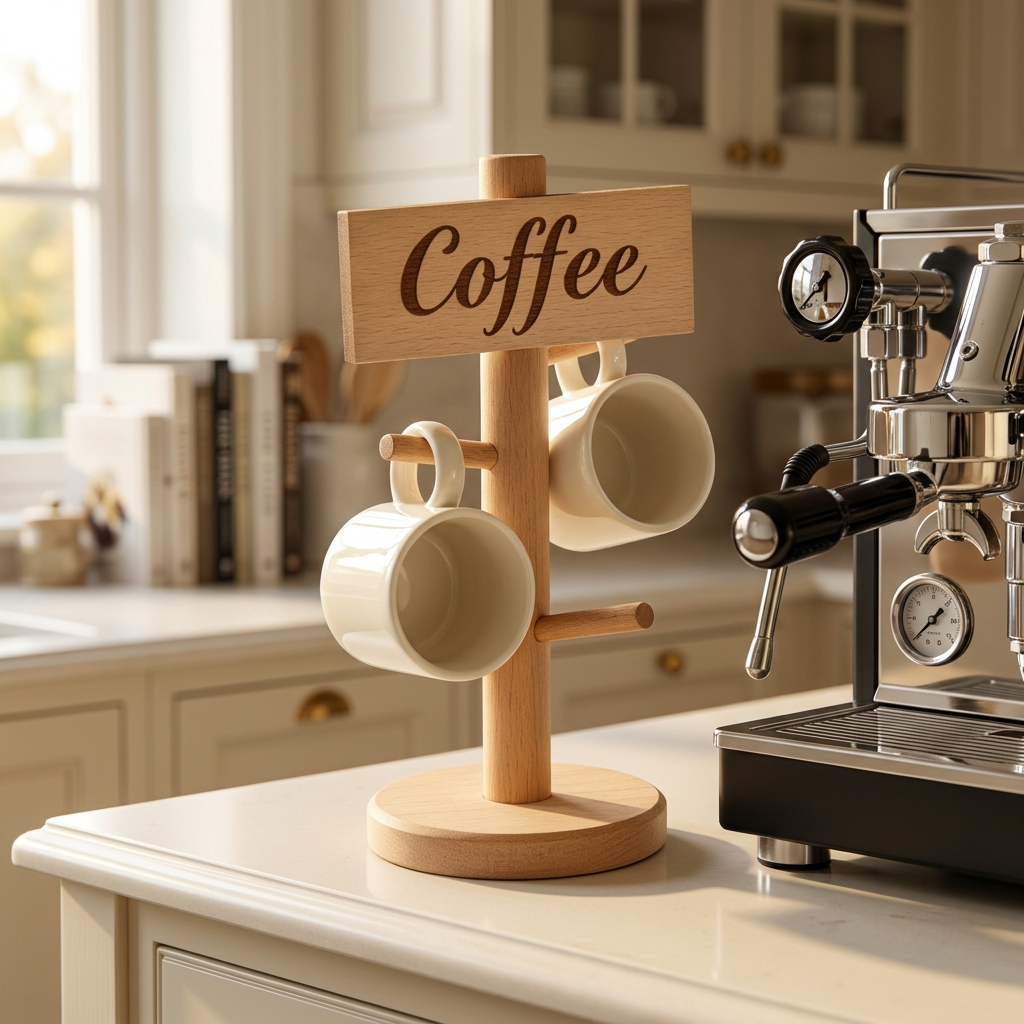Mug tree styled beside a kitchen coffee machine
