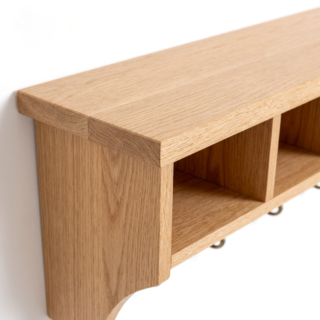Detail of oak grain, shelf dividers and curved side support