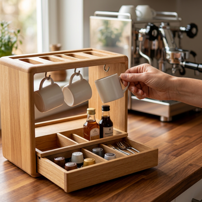 Hand reaching for a mug on the coffee organizer