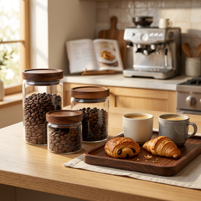 Coffee jars beside a weekend coffee serving tray