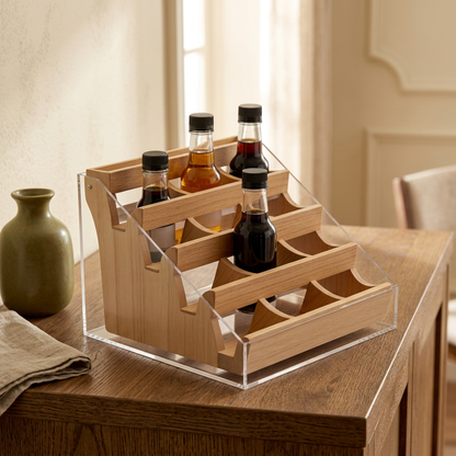 Syrup organizer styled on a breakfast sideboard