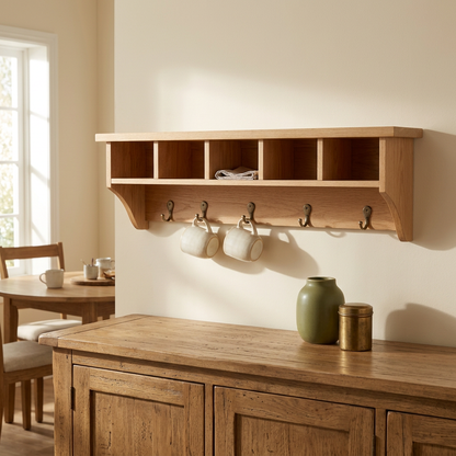 Light oak coffee shelf in a modern farmhouse breakfast nook