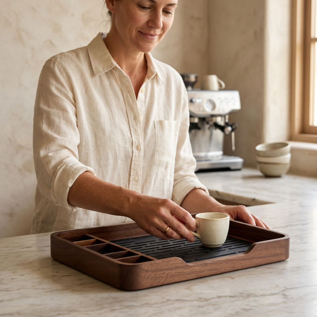 Woman placing a coffee cup on the organizer tray