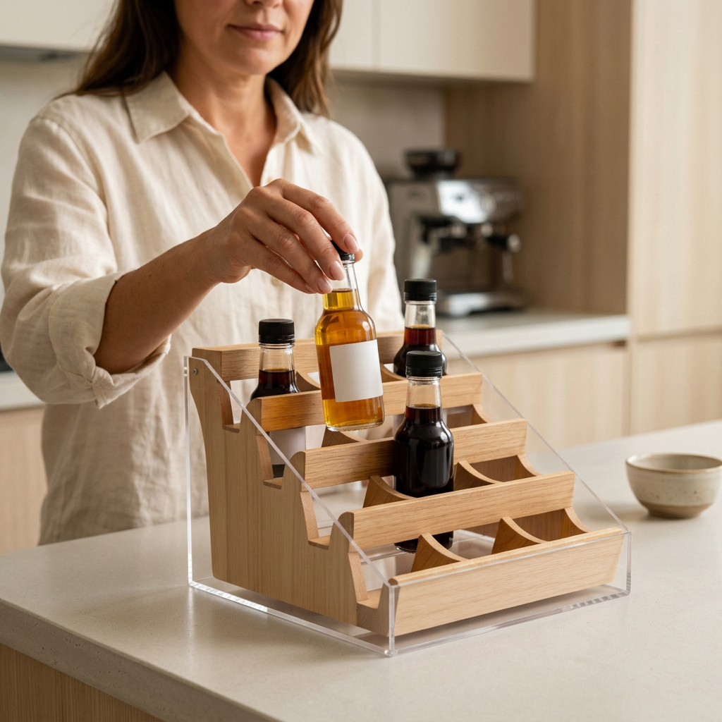 Woman lifting a bottle from the tiered coffee organizer