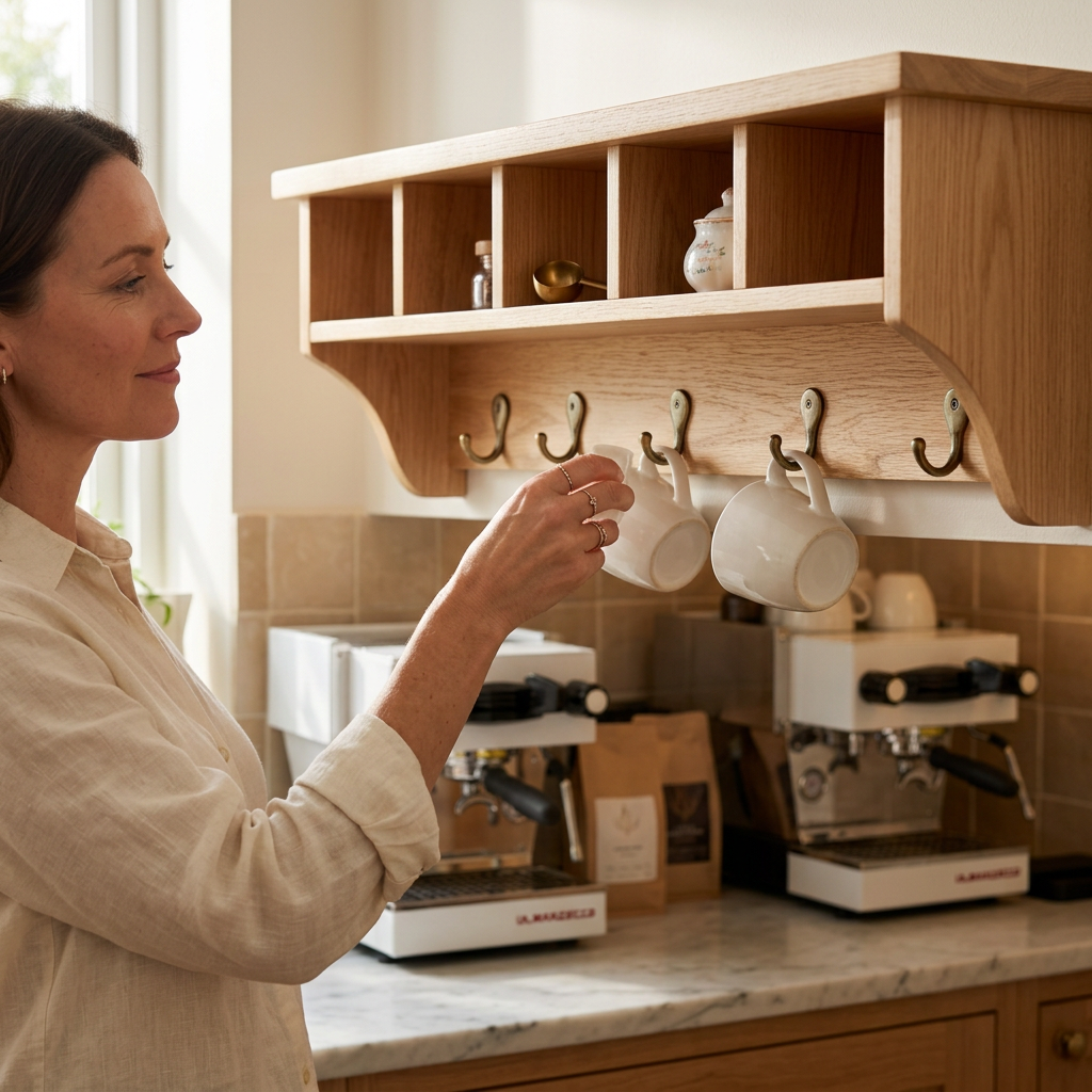 Woman lifting a mug from a wall coffee organizer hook
