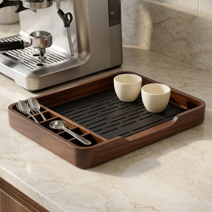 Coffee organizer tray styled on a morning kitchen counter