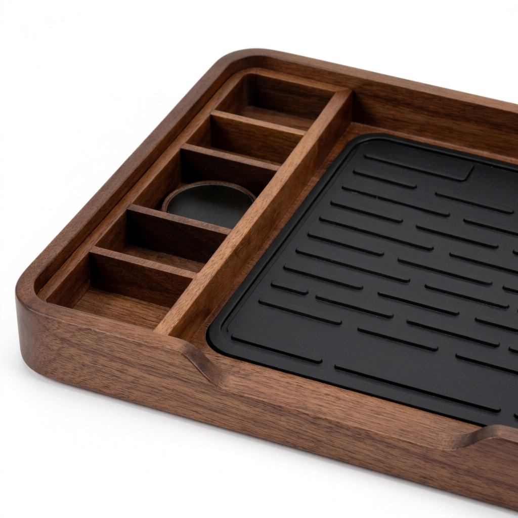 Detail of divided compartments and black textured surface