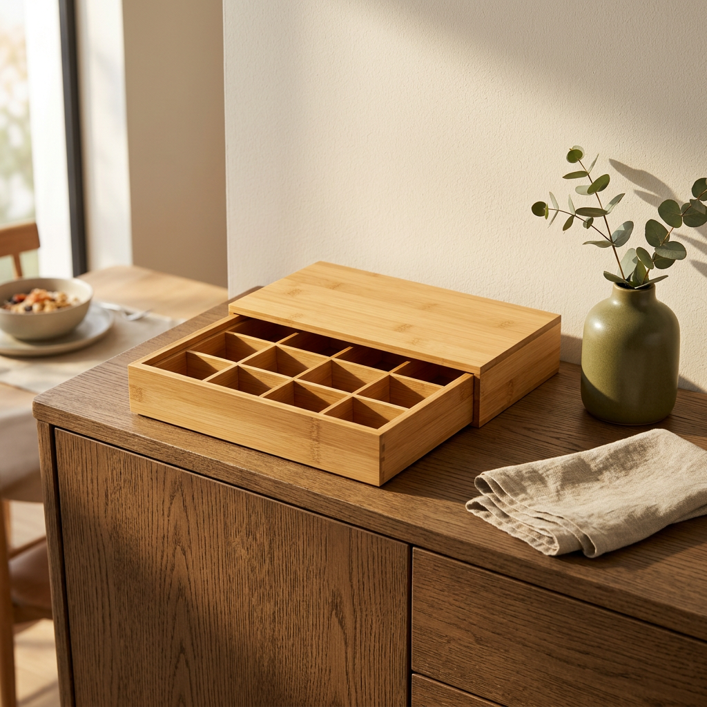 Bamboo capsule organizer in a breakfast nook