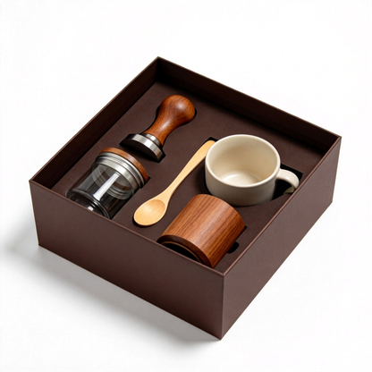 Close-up of coffee accessories arranged in the fitted box insert