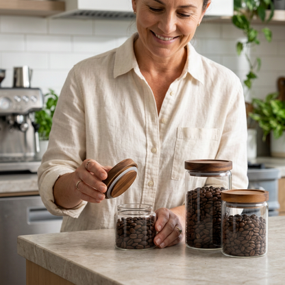 Woman lifting the lid from a coffee storage jar