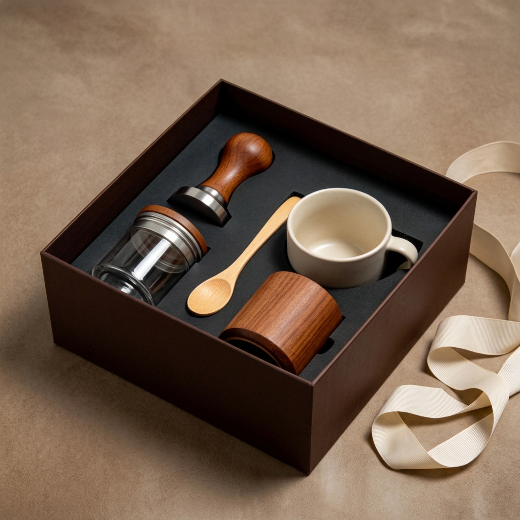 Coffee accessory box with a separate ribbon as gifting styling only