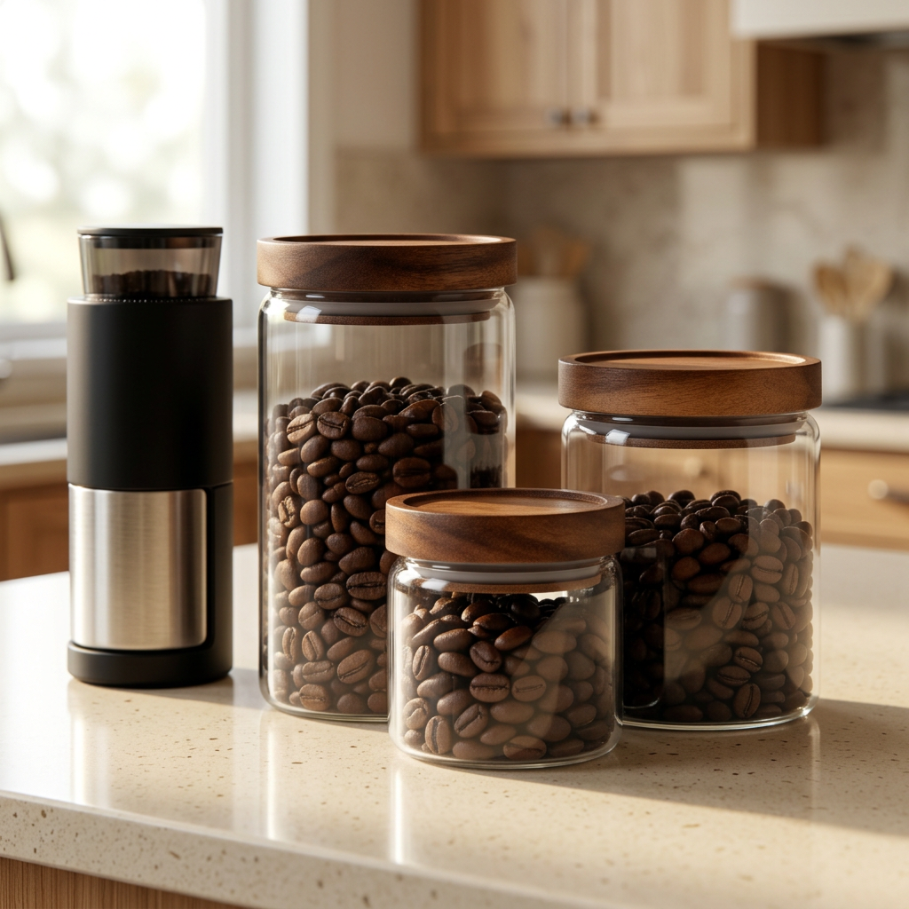 Coffee jars styled beside a grinder in a morning kitchen