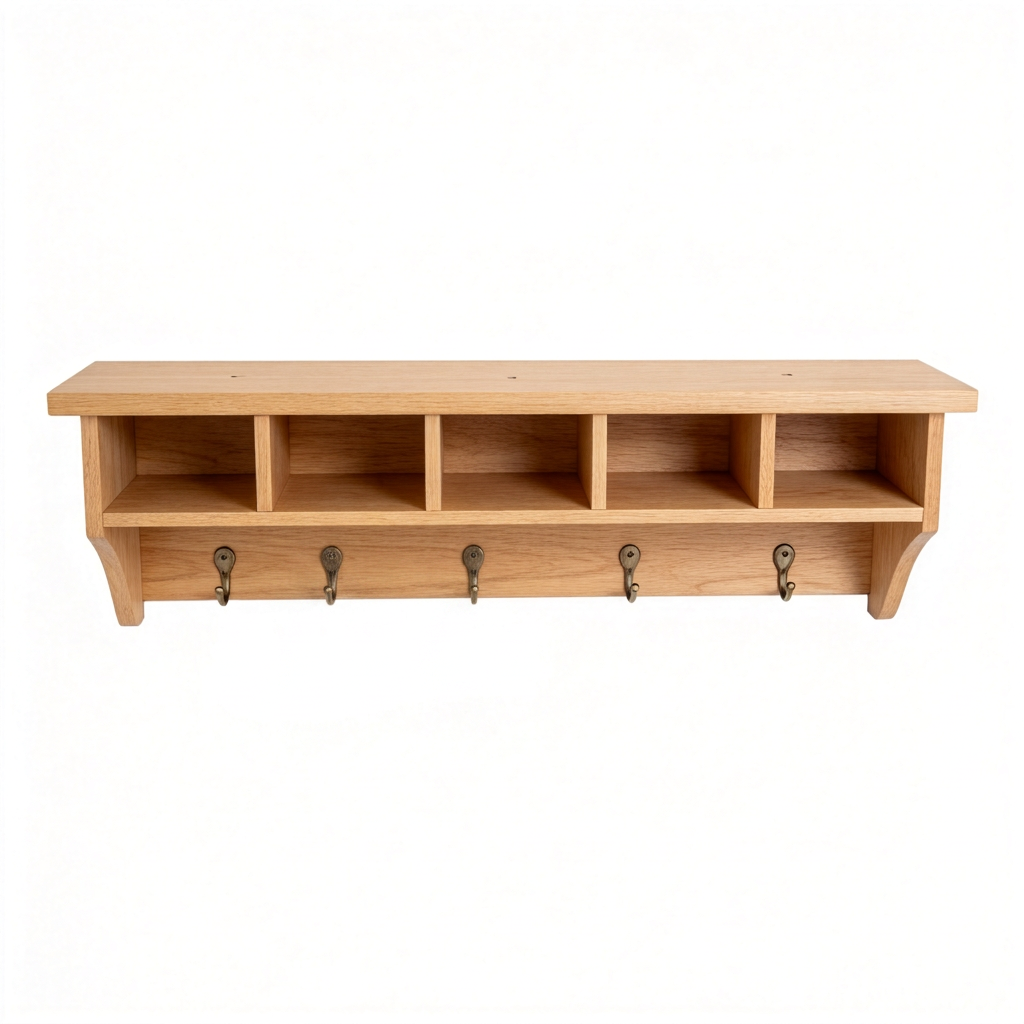 Empty wall coffee organizer with five cubbies and five hooks on white background