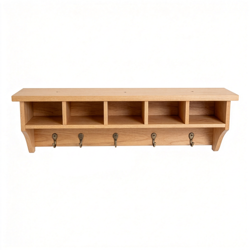Empty wall coffee organizer with five cubbies and five hooks on white background