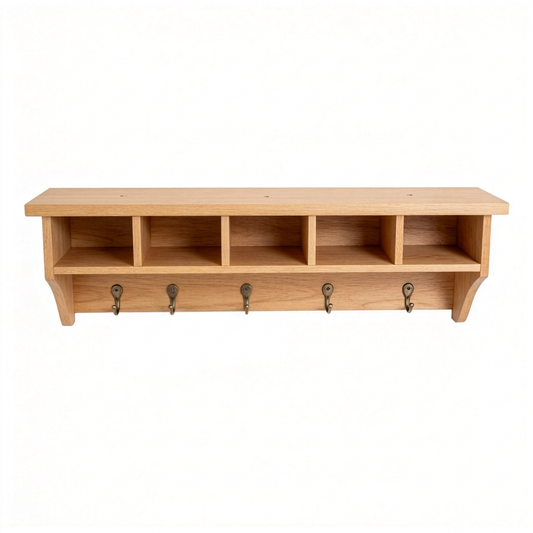 Empty wall coffee organizer with five cubbies and five hooks on white background